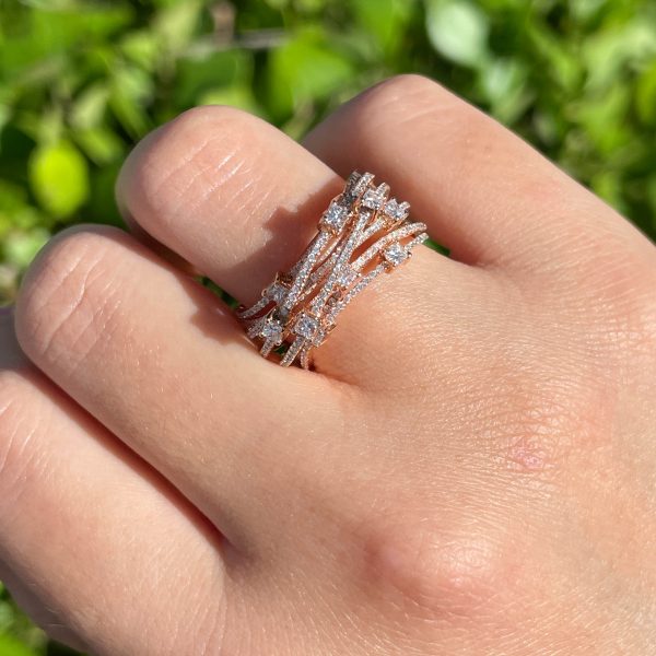 Jay Feder 14k Rose Gold Princess and Round Diamond Multi Line Band Ring Online now