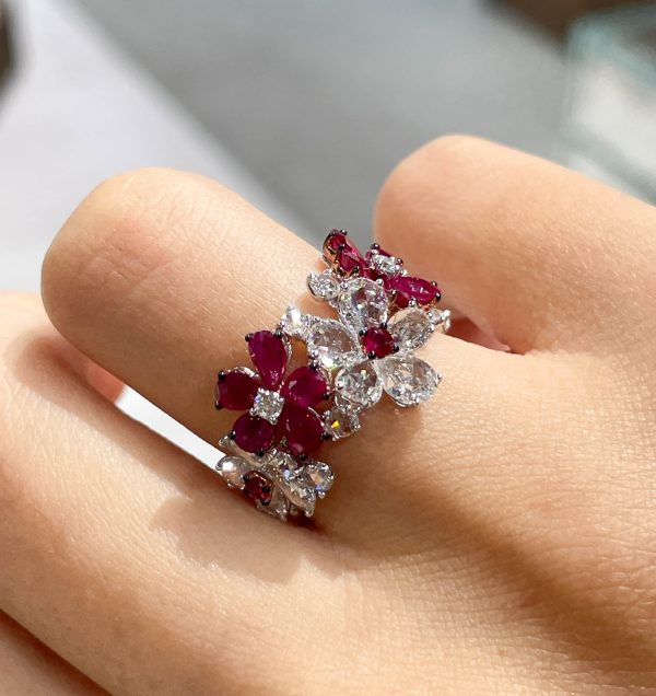 Kamyen 18K White Gold Diamond Ruby Flower Ring on Sale