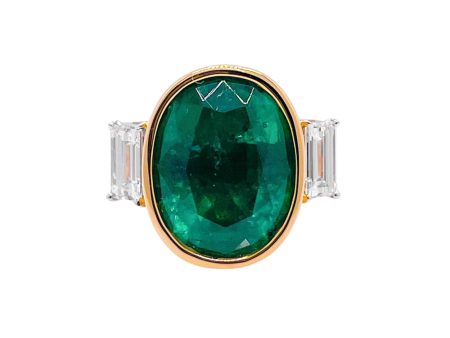 Jay Feder 18k Two Tone Gold Green Emerald and Diamond Three Stone Ring Cheap