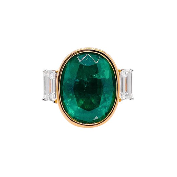 Jay Feder 18k Two Tone Gold Green Emerald and Diamond Three Stone Ring Cheap