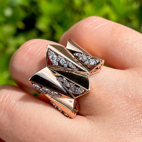 Jay Feder 18k Rose Gold Diamond Wide Cocktail Ring Supply