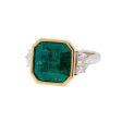 Jay Feder 18k Two Tone Gold Green Emerald and Diamond Three Stone Ring Supply