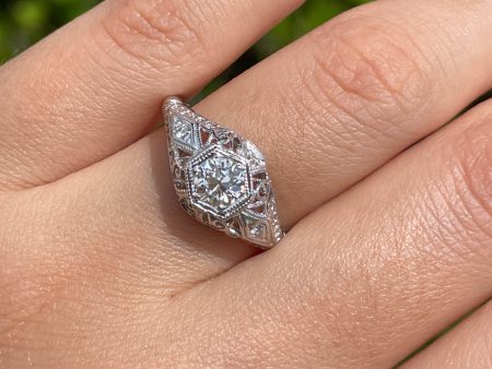 JAY FEDER ANTIQUE 14K WHITE GOLD OLD EUROPEAN DIAMOND FILIGREE RING Cheap