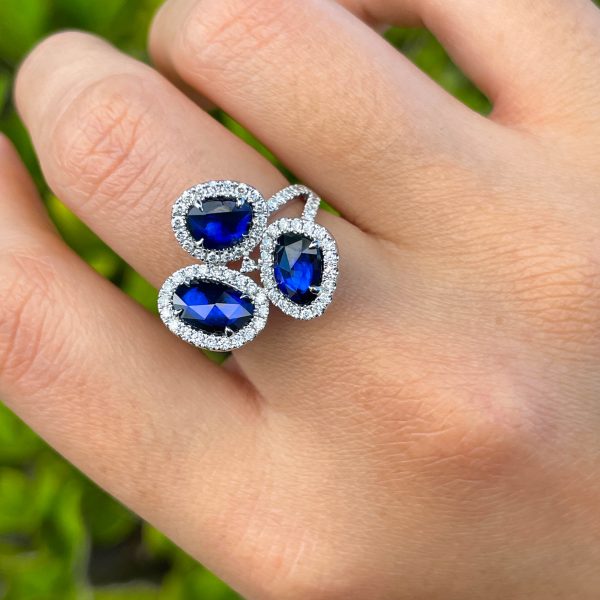 JAY FEDER 18K WHITE GOLD DIAMOND SAPPHIRE 3 STONE HALO RING Online