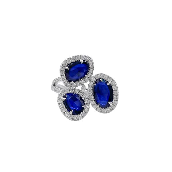 JAY FEDER 18K WHITE GOLD DIAMOND SAPPHIRE 3 STONE HALO RING Online