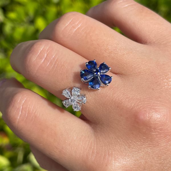 Jay Feder 18k White Gold Diamond Sapphire Flower Cluster Crossover Ring Hot on Sale