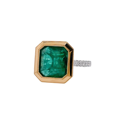 Jay Feder 18k Two Tone Gold Green Emerald and Diamond Solitaire Ring Online now