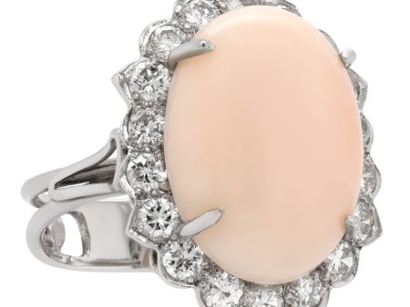 Jay Feder 14K White gold Pink Coral Diamond Halo Ring For Sale