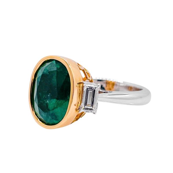 Jay Feder 18k Two Tone Gold Green Emerald and Diamond Three Stone Ring Cheap