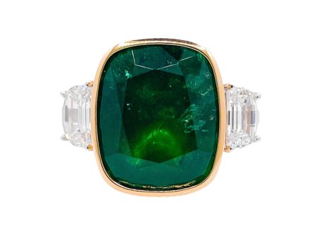 Jay Feder 18k Two Tone Gold Green Emerald and Diamond Three Stone Ring Supply