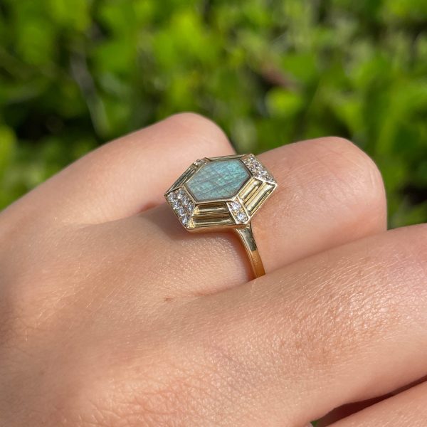 JAY FEDER 14K YELLOW GOLD LABRADORITE DIAMOND HEXAGON RING Supply