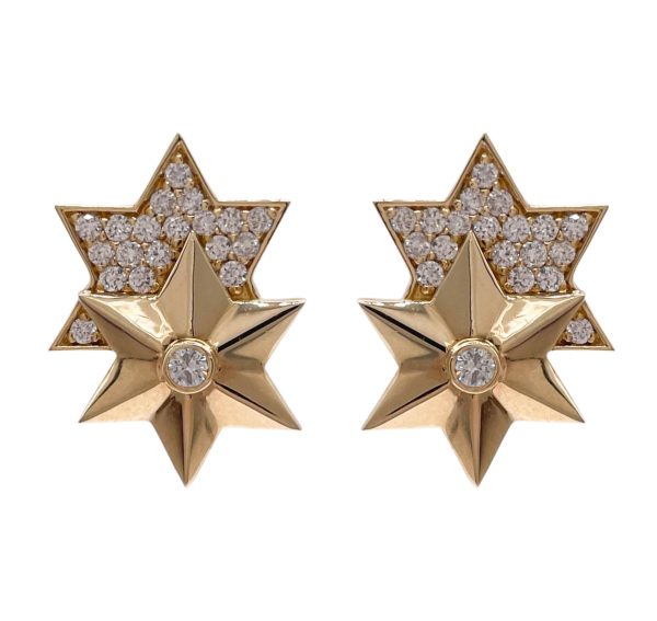 JAY FEDER 14K YELLOW GOLD DIAMOND DOUBLE STAR EARRINGS Online Sale