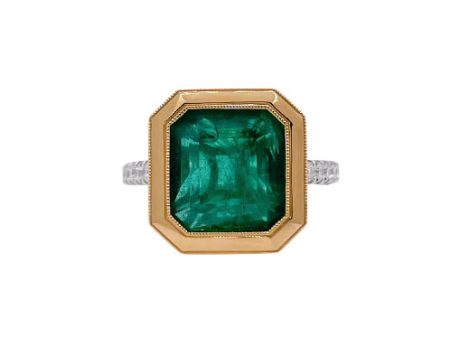 Jay Feder 18k Two Tone Gold Green Emerald and Diamond Solitaire Ring Online now