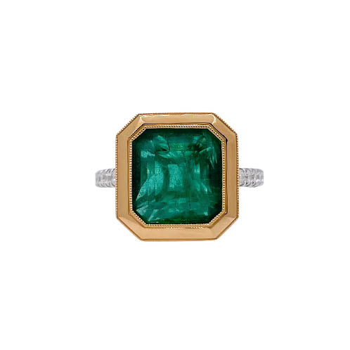 Jay Feder 18k Two Tone Gold Green Emerald and Diamond Solitaire Ring Online now