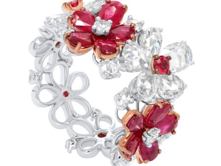 Kamyen 18K White Gold Diamond Ruby Flower Ring on Sale