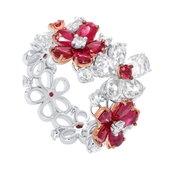 Kamyen 18K White Gold Diamond Ruby Flower Ring on Sale