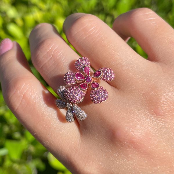 Jay Feder 14k Rose Gold Pink Sapphire and Diamond Flowers Ring Cheap