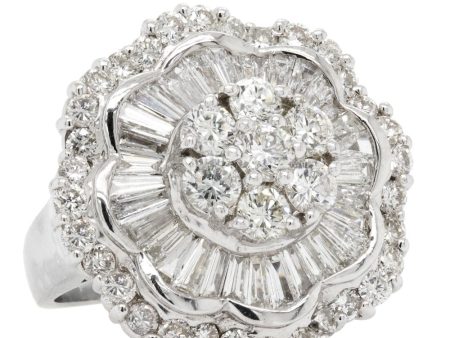 Jay Feder 18K White Gold Baguette Diamond Floral Ballerina Ring For Cheap