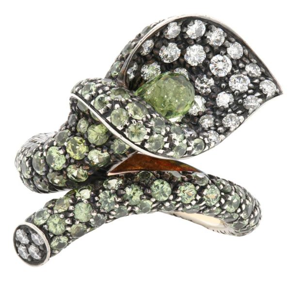 Jay Feder 18K White Gold Sterling Silver Peridot and peridotDiamond Calla Lily Ring on Sale