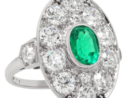 Jay Feder Vintage 18k White Gold Emerald & Diamond Oval Ring Discount