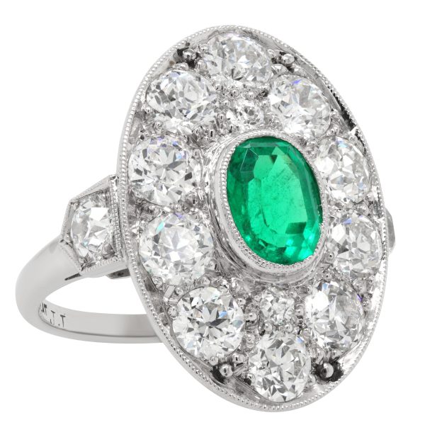 Jay Feder Vintage 18k White Gold Emerald & Diamond Oval Ring Discount