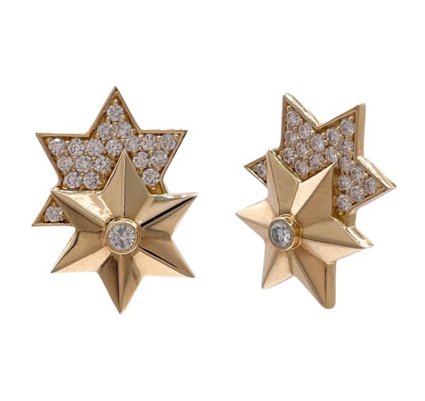 JAY FEDER 14K YELLOW GOLD DIAMOND DOUBLE STAR EARRINGS Online Sale