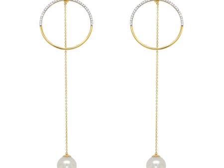 Mateo 14K Yellow Gold Half Moon Diamond Pearl Drop Earrings For Sale