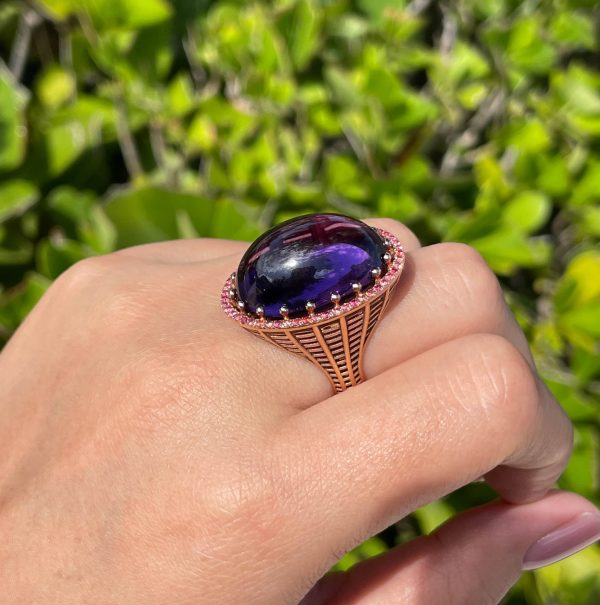 Roule & Co. Amethyst Cabochon and pink Sapphire 18K Rose Gold ring Sale