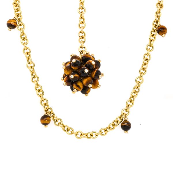 Aletto Brothers 18K Yellow Gold Tiger Eye Diamond Pom Pom Lariat Pendant Fashion