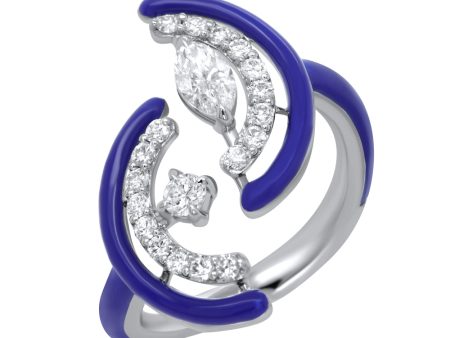 Kamyen 18K White Gold Diamond Blue Enamel Ring Fashion